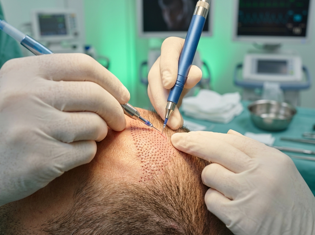 Procedimento cirúrgico de micro-implante capilar FUE com lupas médicas